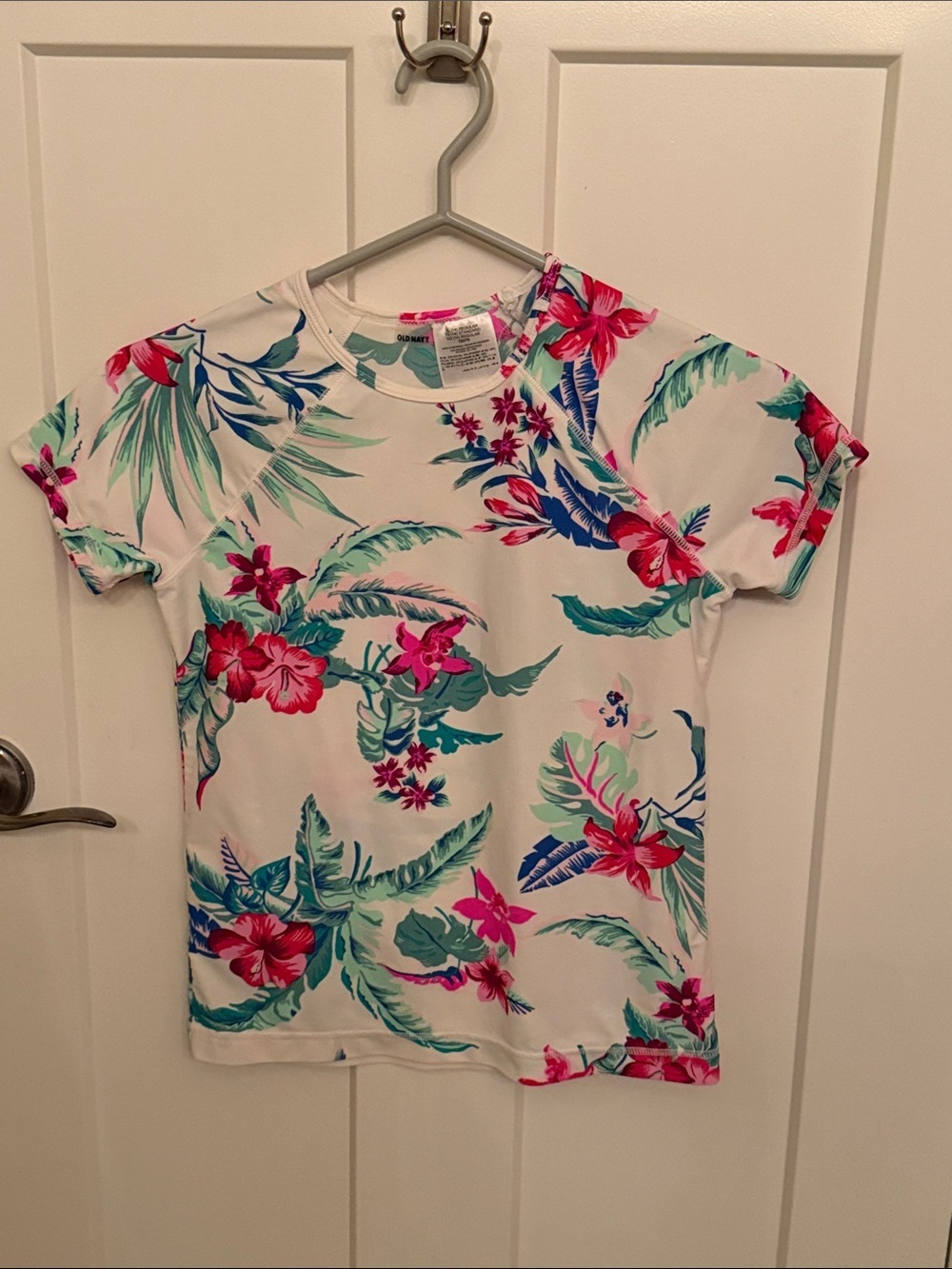 Tropical Floral Short Sleeve Swim Shirt / Rash Guard - White with Pink & Teal